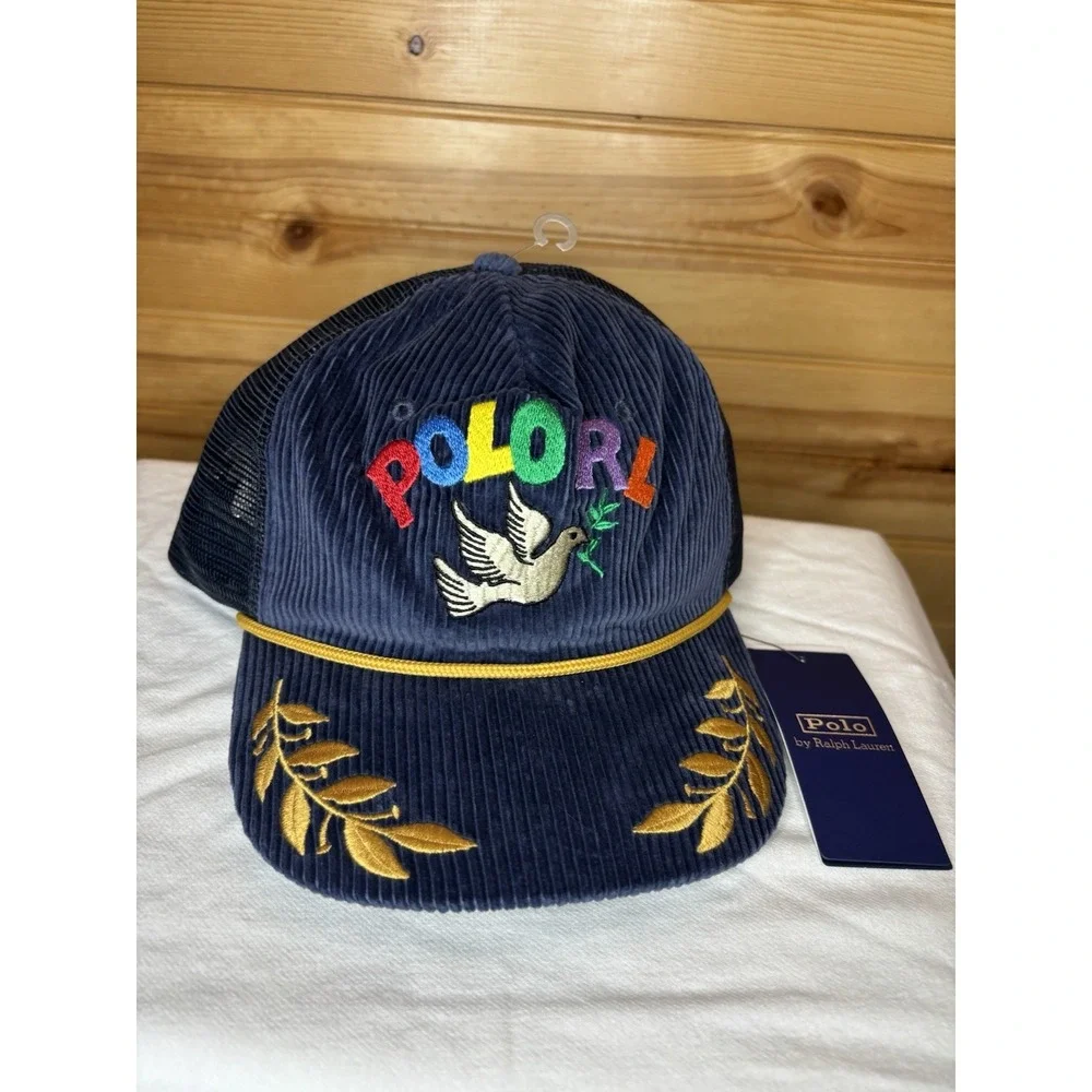 NWT Polo Ralph Lauren Navy Corduroy Peace Love Dove Trucker Baseball Hat RL RARE